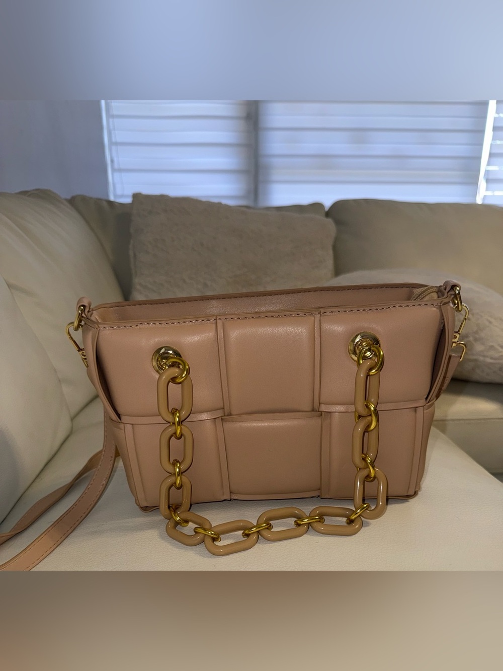 Faux Leather Crossbody Bag in Nude with Gold Chain